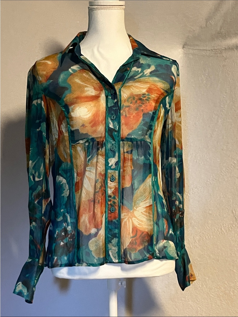 Coldwater Creek Teal and Orange Floral Sheer Button-Down Blouse